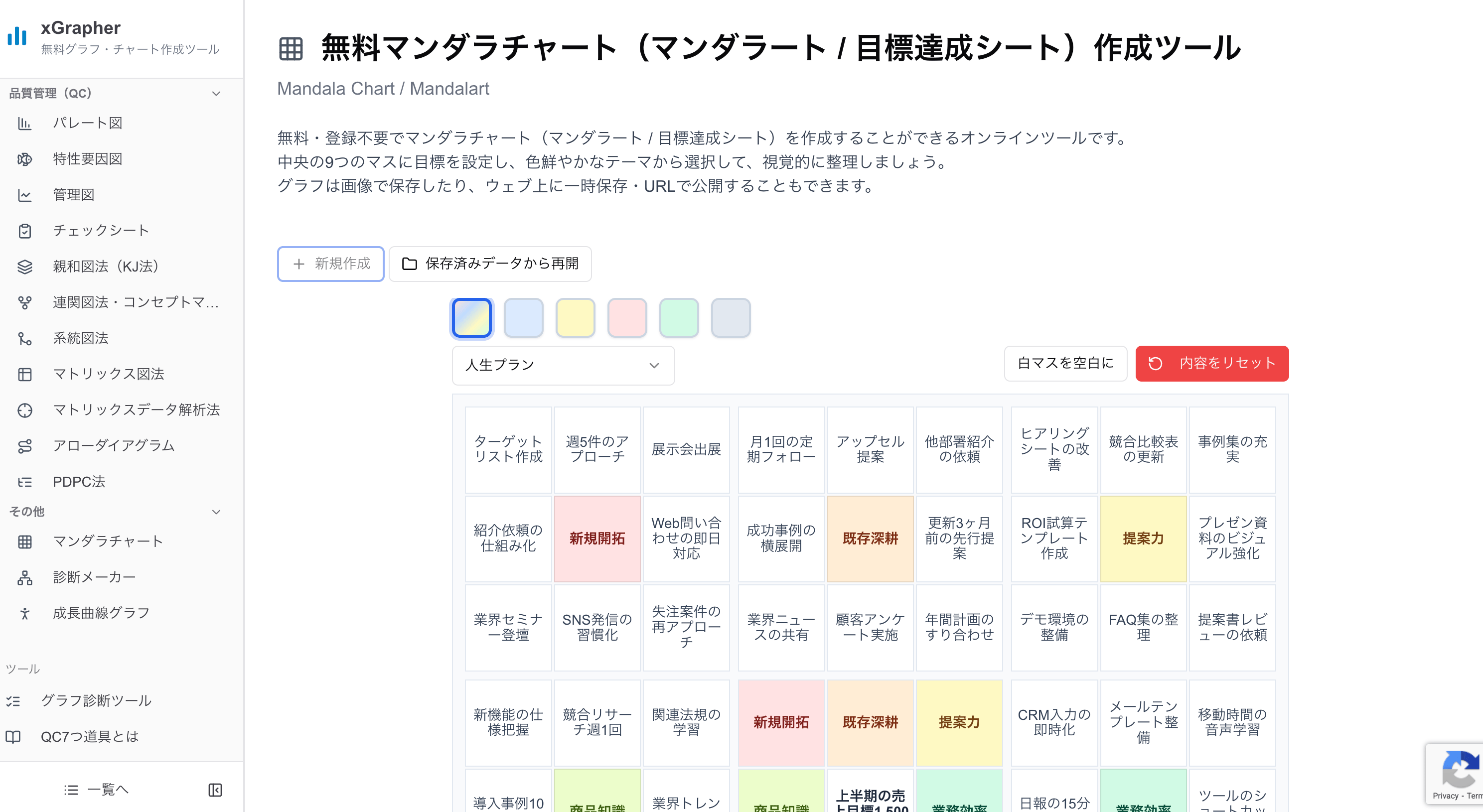 xGrapherのマンダラチャート作成画面 xGrapherのマンダラチャート作成画面